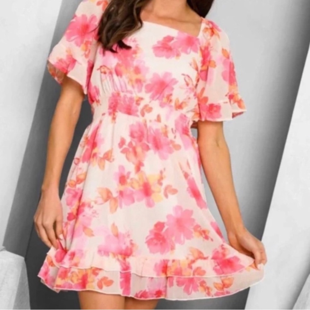 BEAUTIFUL ORANGE/PINK FLORAL WHITE DRESS